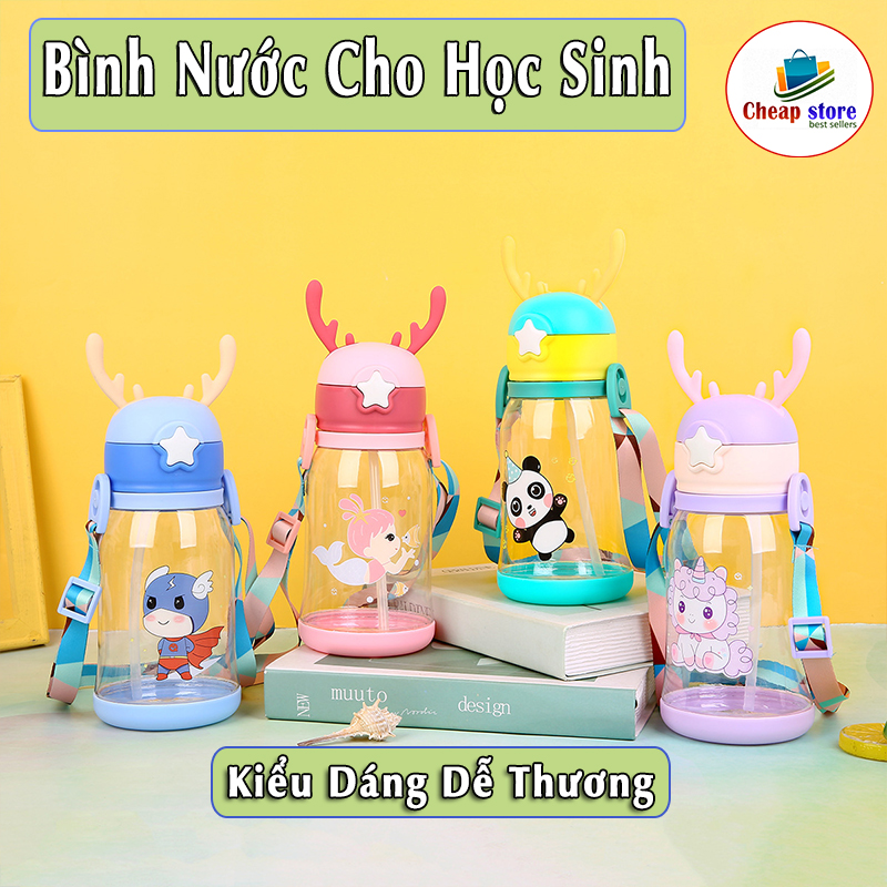 Bình nước cho bé đi học có nắp đậy, dây đeo ống hút 600ml nhựa thực phẩm PP cao cấp