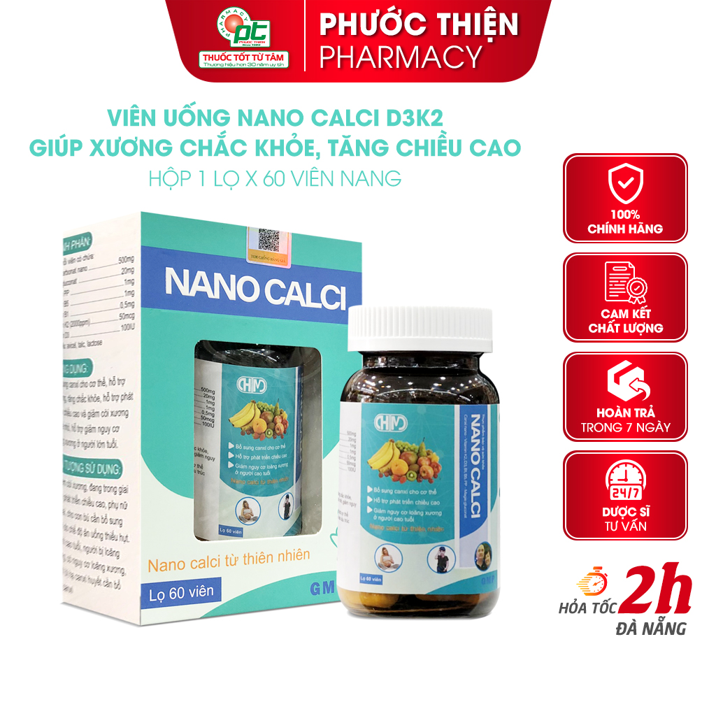 Canxi nano d3 k2 cho người lớn và trẻ em NANO CALCI Hải Minh lọ 60 viên - viên canxi hữu cơ