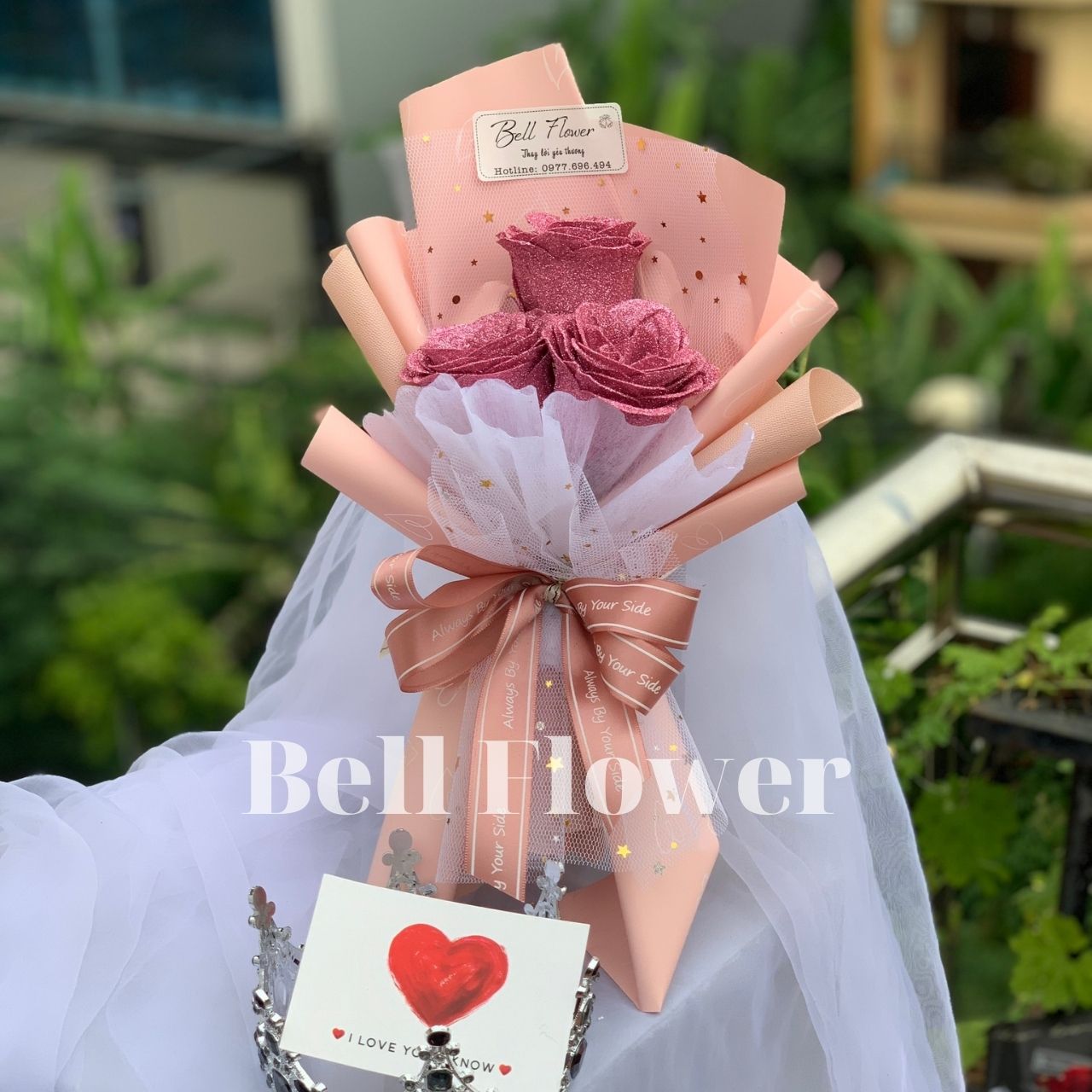 Hoa hồng sáp nhũ 3 bông thơm tặng túi và thiệp, bó hoa sáp nhũ kim tuyến đẹp vĩnh cửu, quà tặng sinh nhật valentine
