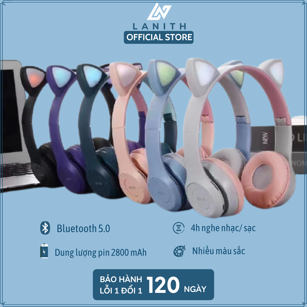 Tai Nghe Mèo Lanith Bluetooth, có đèn LED Headphone Tai Mèo Dễ Thương Có Mic Hỗ trợ điều chỉnh âm lượng