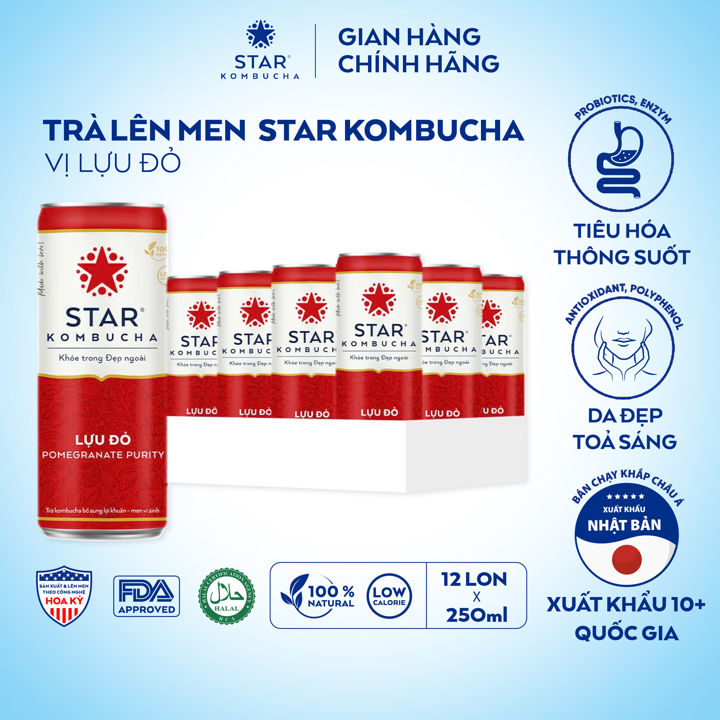 Thùng 12 lon trà STAR KOMBUCHA Lựu Đỏ / Pomegranate Purity (250ml/lon)