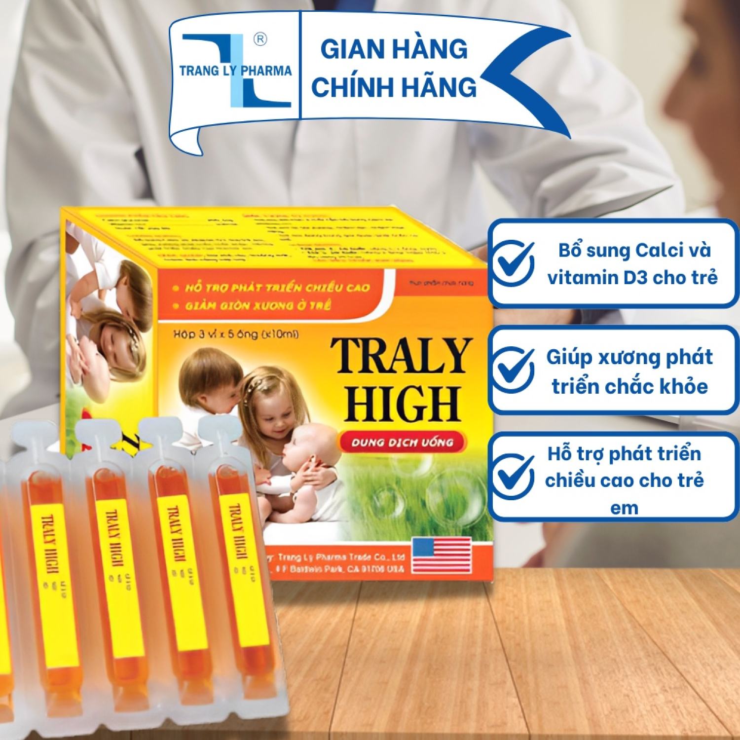 Ống uống Traly High bổ sung Calci và vitamin D3 cho trẻ em, giúp xương phát triển chắc khỏe hộp 15 ống Trang Ly Pharma