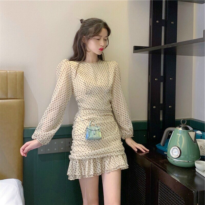 Đầm chấm bi đuôi cá tay dài #damchambiduoica