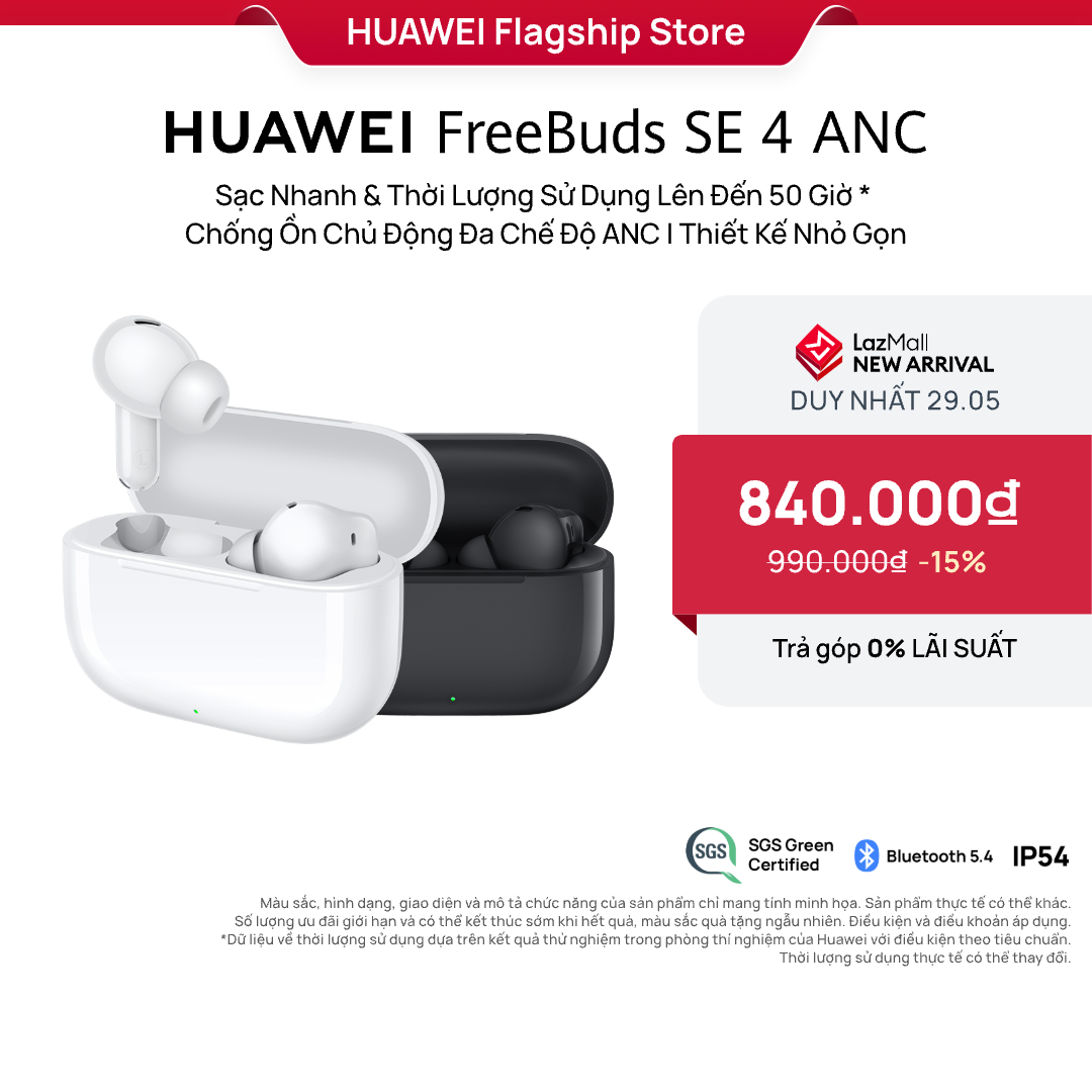 [DUY NHẤT 29.5] Tai Nghe Bluetooth HUAWEI FreeBuds SE 4 ANC | Sạc Nhanh  Thời Lượng Sử Dụng Lên Đến 50 Giờ | Chống Ồn Chủ Động Đa Chế Độ ANC | Thiết Kế Nhỏ Gọn