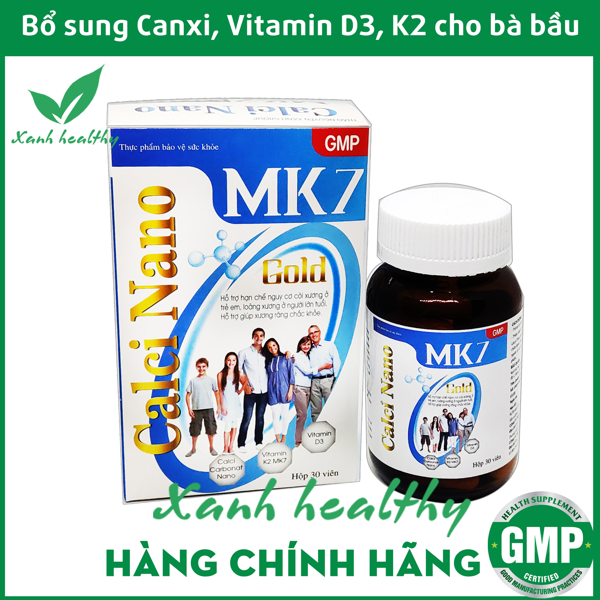 Viên uống Bổ sung Canxi Nano MK7 Gold phát triển hệ xương, chắc khỏe xương và răng, giảm loãng xương, tăng chiều cao dùng cho trẻ em trên 6 tuổi, phụ nữ mang thai và cho con bú, người lớn-Hộp 30 viên - XANH Healthy Hàng chính hãng