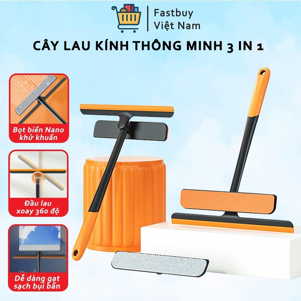 Cây Lau Kính Thông Minh 3 Trong 1, Chổi Lau Kính Gạt Nước Xoay 360 Độ Linh Hoạt