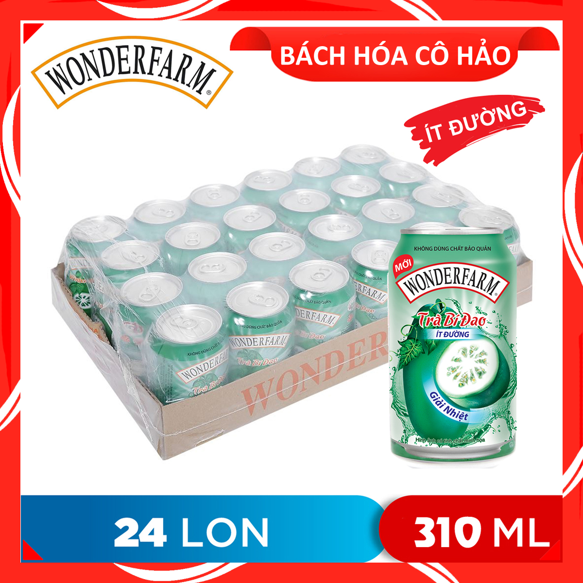 THÙNG 24 LON TRÀ BÍ ĐAO ÍT ĐƯỜNG WINTER MELON TEA LESS SUGAR WONDERFARM 310ML
