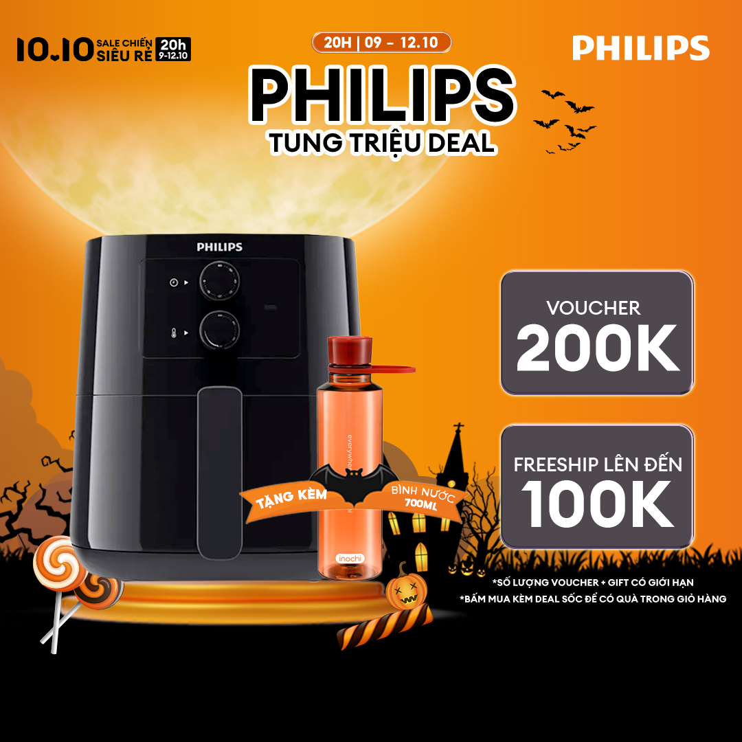 Nồi Chiên Không Dầu Philips HD9200/90-Lòng Nồi 4.1Lít , Giỏ Nướng 2.2L (Đen)-Bảng Điều Khiển Cơ-Hàng Phân Phối Chính Hãng