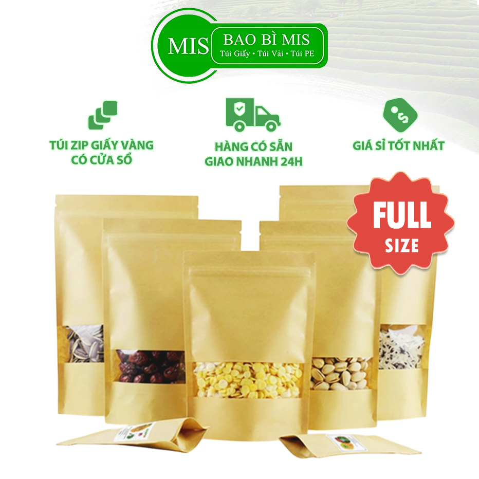  100 cái túi zip thực phẩm MIS nhiều kích thước Túi giấy zip kraft vàng có cửa sổ tràn viền đáy đứng túi zipper giấy đựng thực phẩm chất lượng cao 