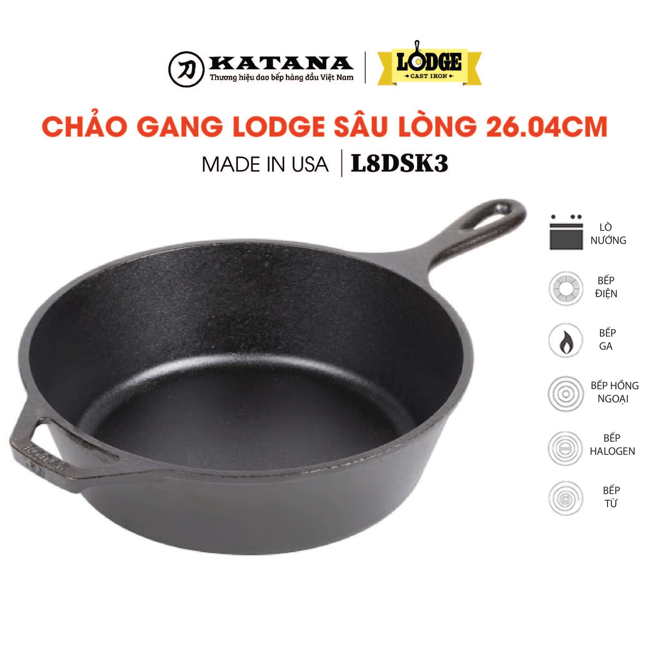 Chảo gang sâu lòng Lodge 26.04cm - Chảo gang chiên cao cấp - bảo hành chính hãng L8DSK3