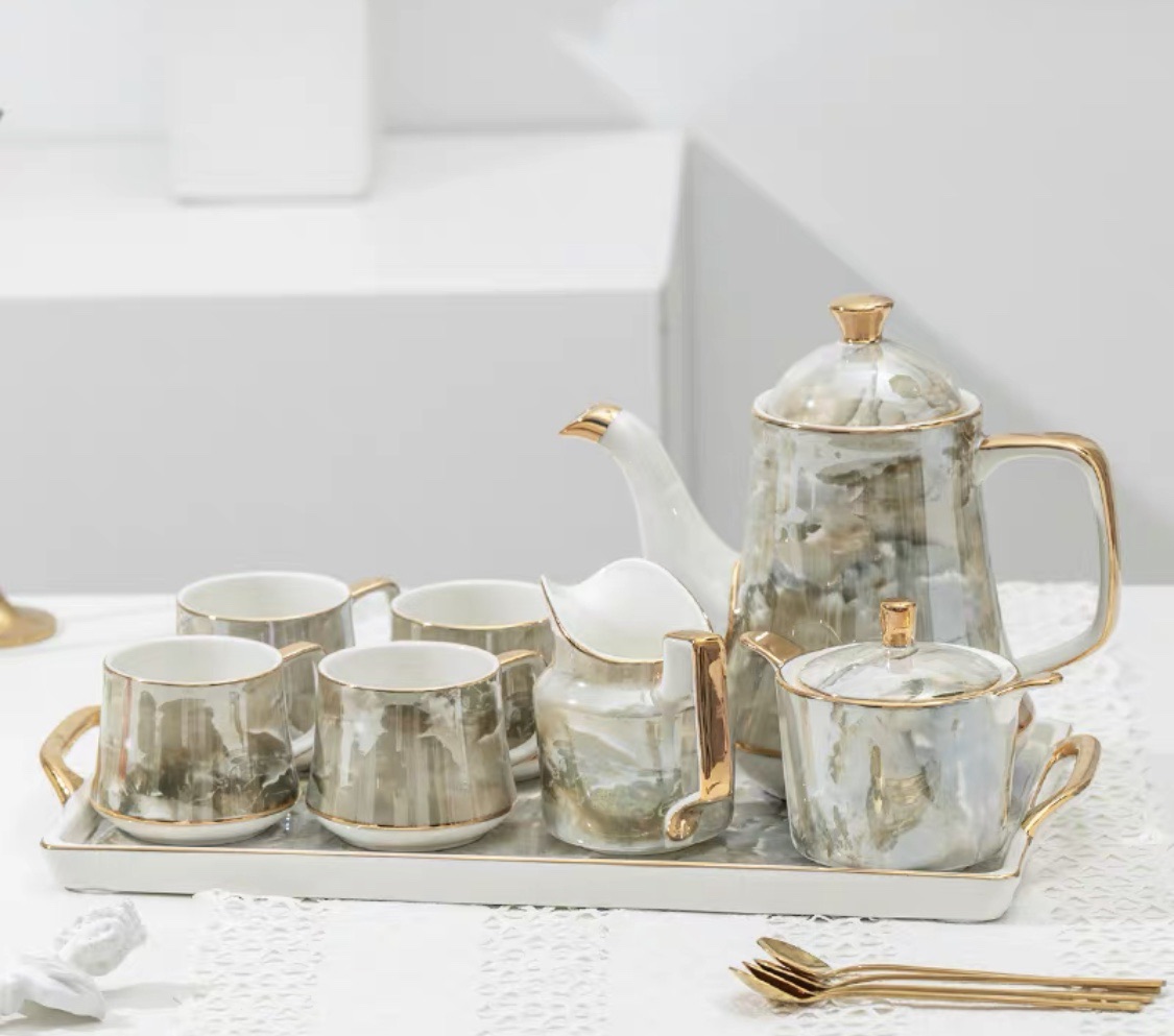 Bộ ấm chén sứ pha trà,pha cà phê Vân đá cao cấp hoàng gia phong cách châu Âu