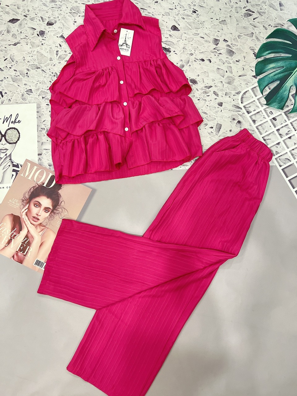 Set nữ dập ly vải đũi quần ống suông dài áo sơ mi cọc tay viền bèo - set quần ống rộng dập ly set áo yếm sơ mi nhiều màu chất vải như hình