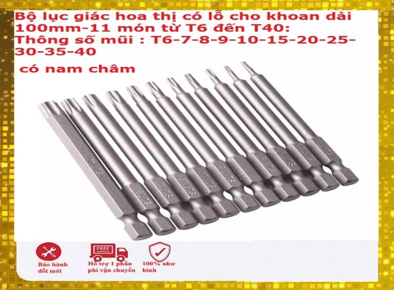 Bộ 11 mũi hoa thị lỗ từ T6 đến T40 dài 100mm có nam châm hàng Đài Loan- Bộ tô vít hoa khế cho máy khoan