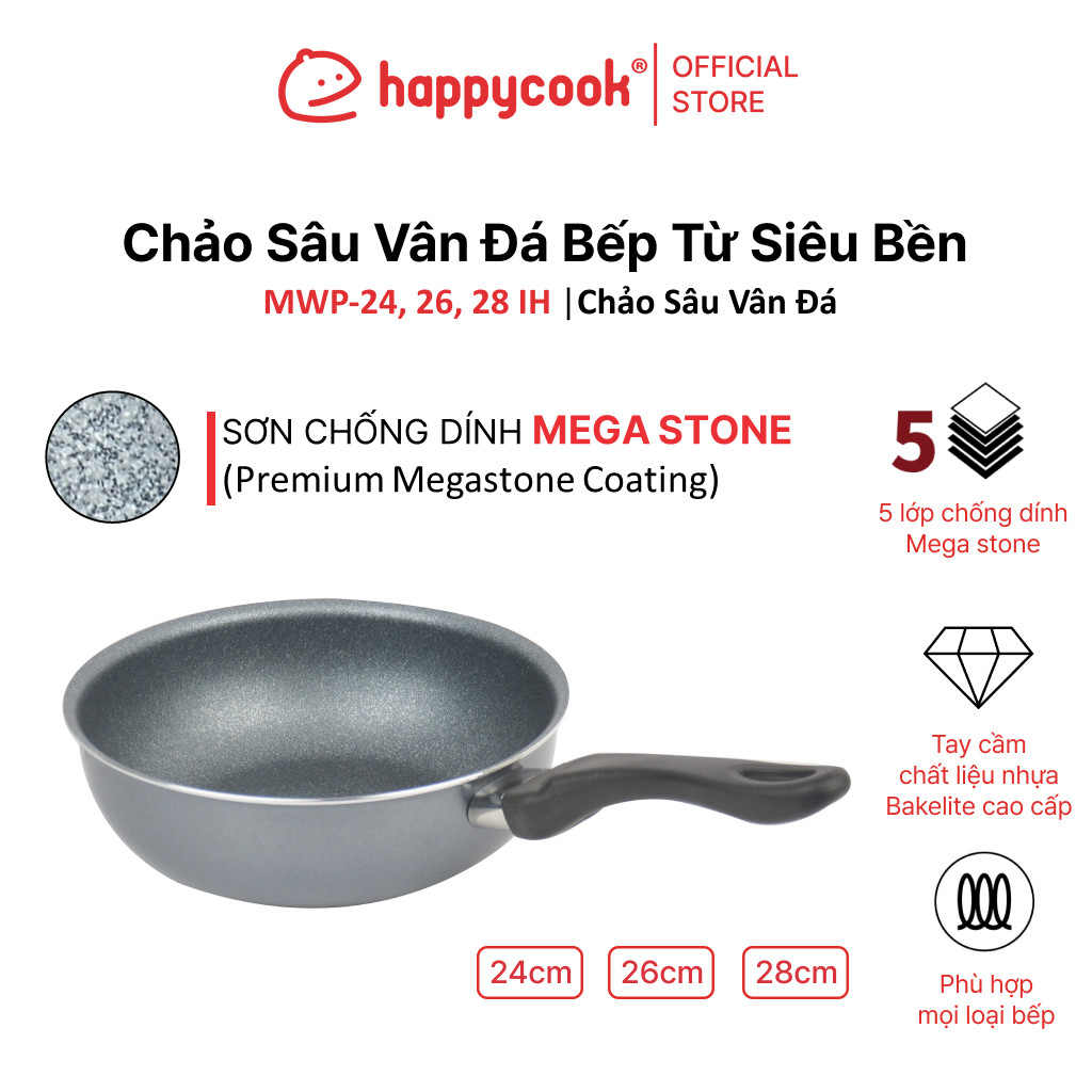 Chảo sâu vân đá bếp từ siêu bền 24, 26, 28cm, happycook