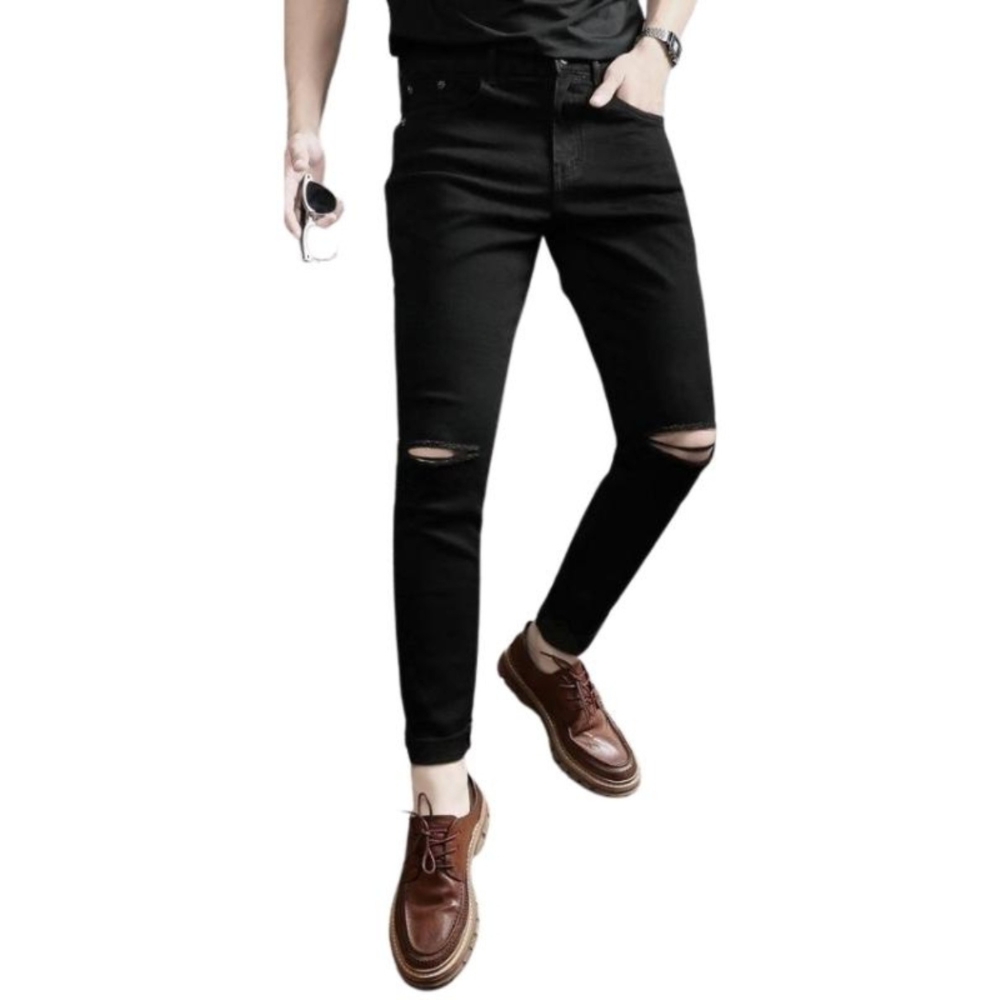 Quần jean nam đen trơn rách gối Nuba50 chất liệu bò cao cấp co dãn 4 chiều form dáng skinny
