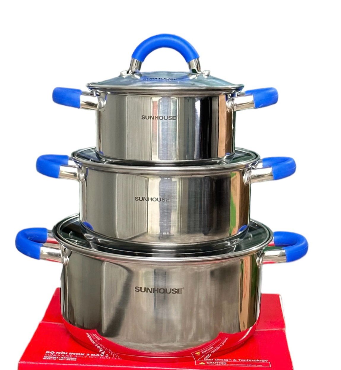 BỘ 3 NỒI INOX 3 ĐÁY VUNG KÍNH SUNHOUSE 16-20-24CM SỬ DỤNG TRÊN MỌI LOẠI BẾP