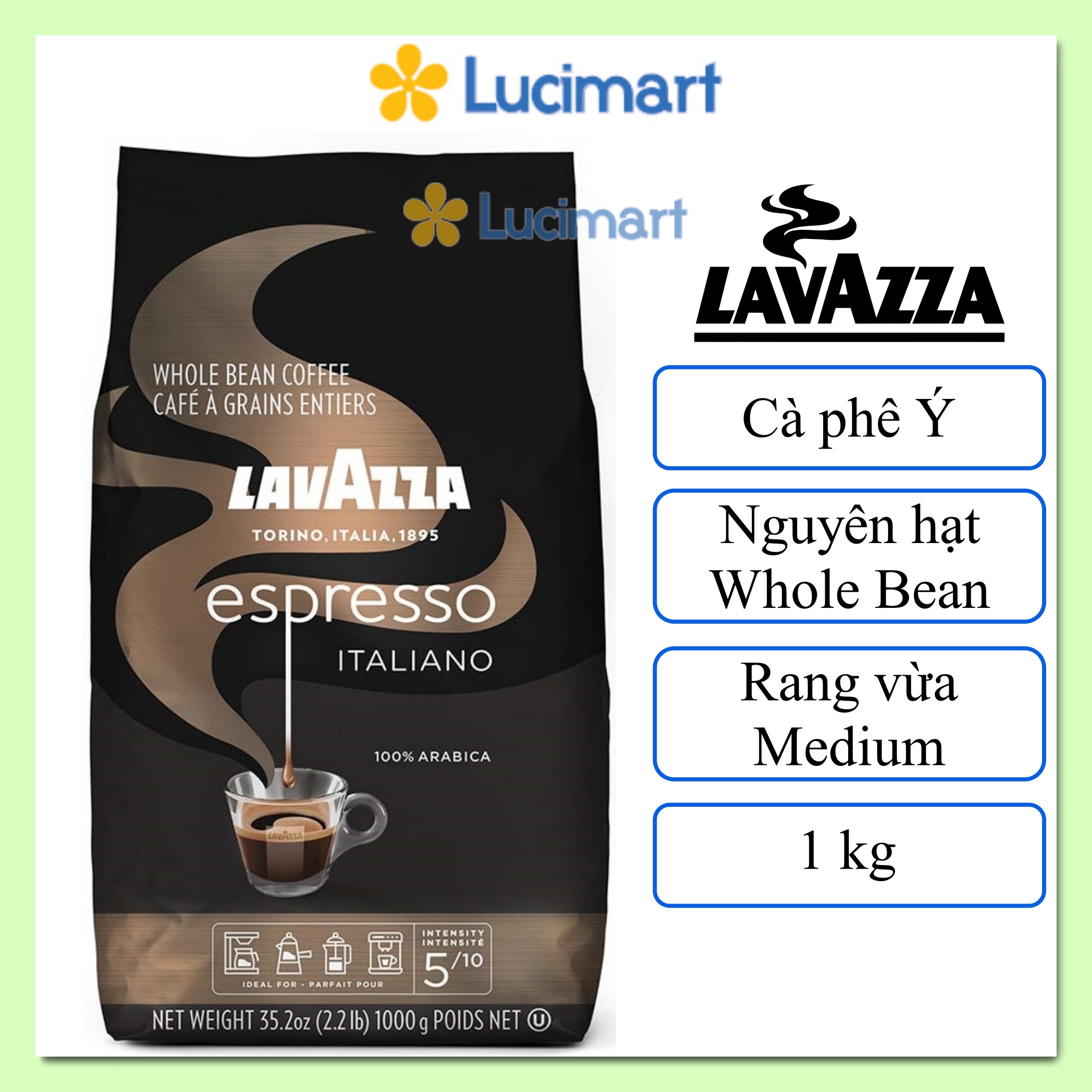 Cà phê Ý Lavazza Espresso Italiano nguyên hạt Whole Bean gói 1kg Hàng Mỹ