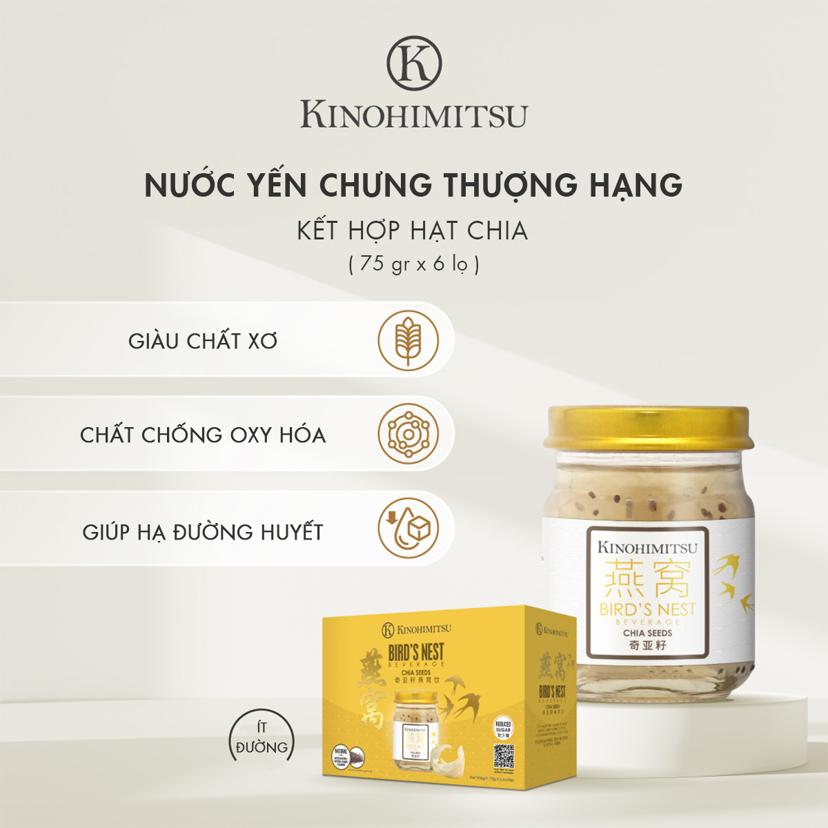 Nước yến chưng hạt chia thượng hạng Kinohimitsu ít đường 75g x 6 lọ, 35% yến tươi, hộp quà tết