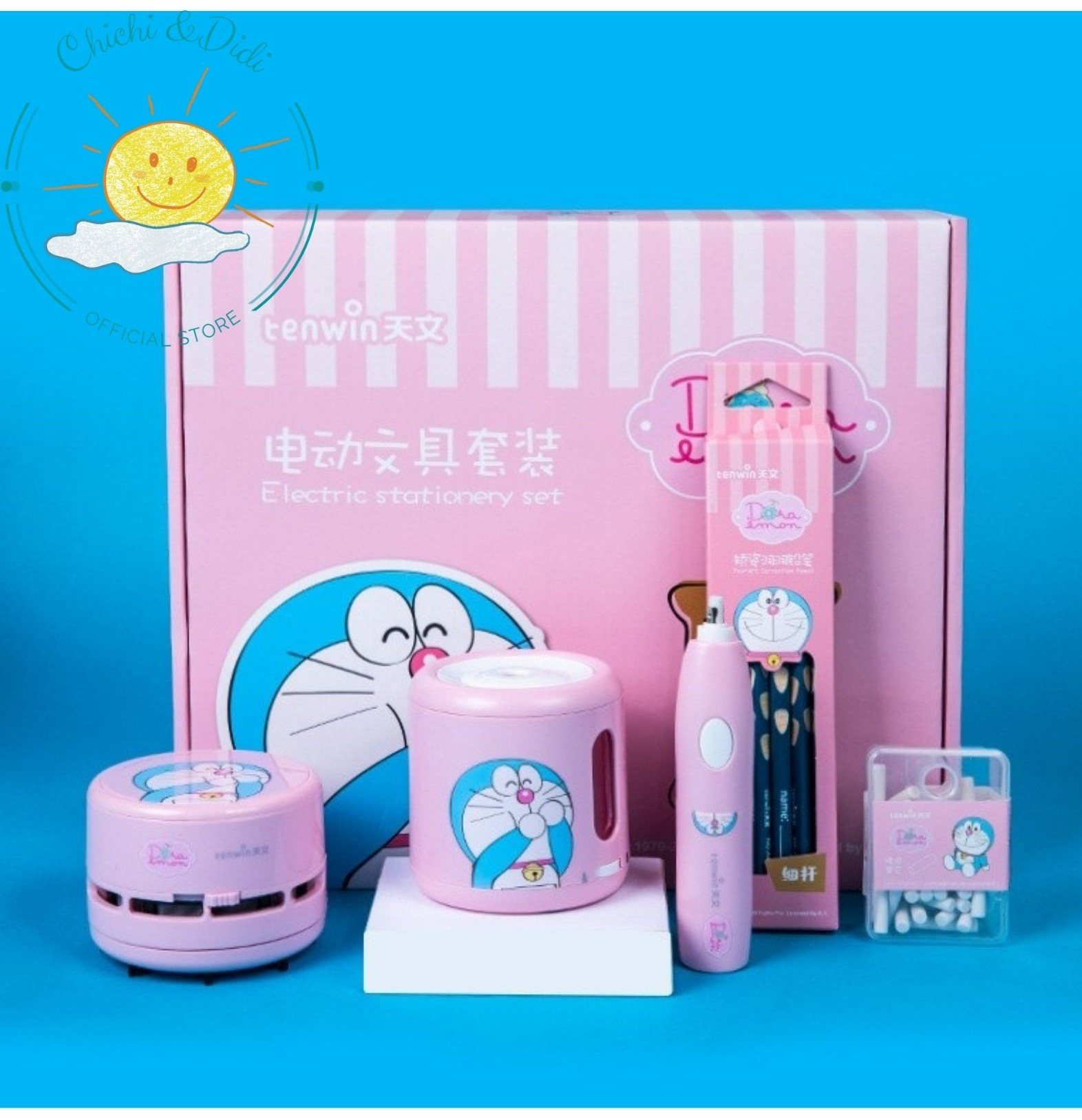 BỘ ĐỒ DÙNG HỌC TẬP THÔNG MINH DORAEMON VỚI 5 SẢN PHẨM GỒM GỌT - TẨY - HÚT BỤI MINI CẦM TAY hãng Tianwen