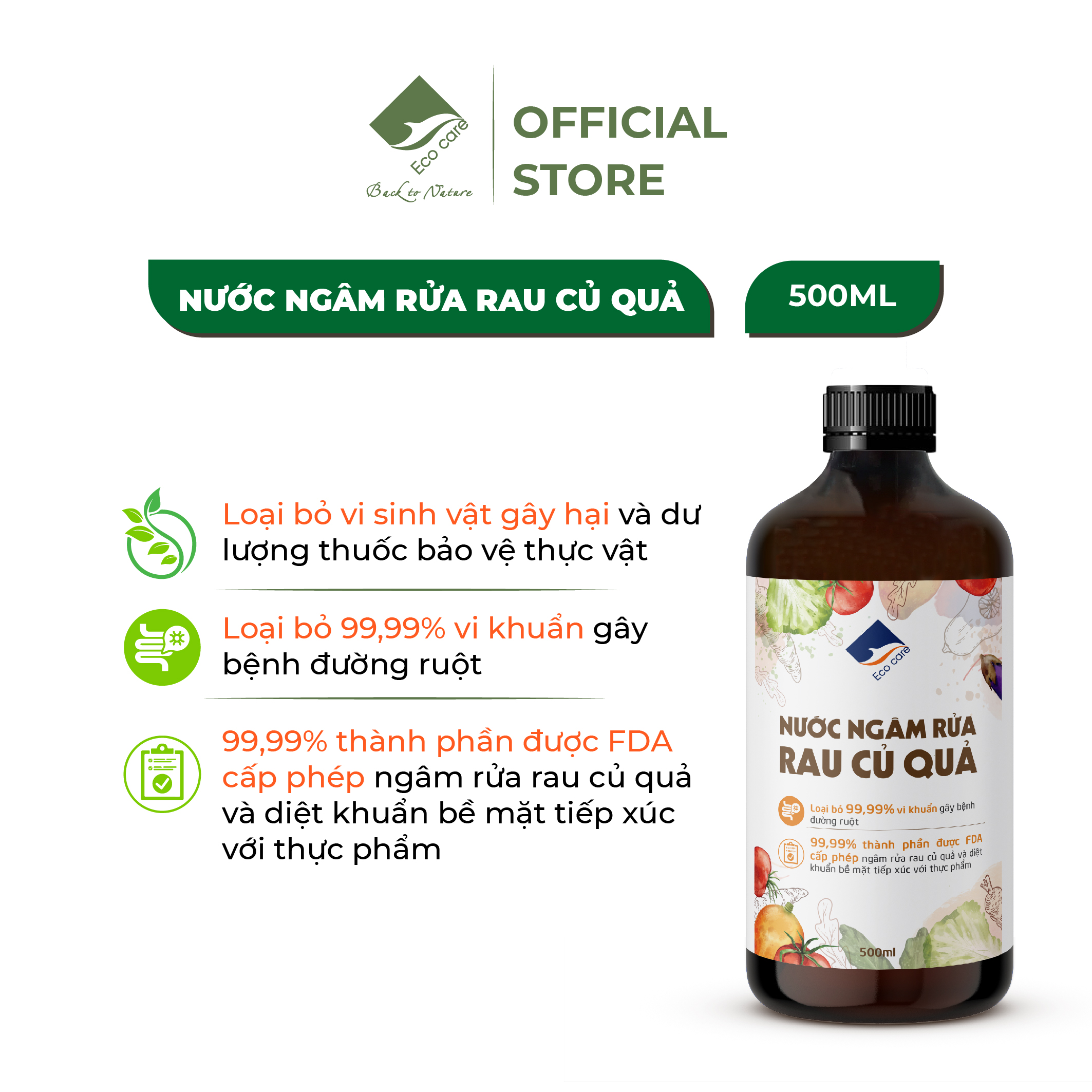 Nước Ngâm Rửa Rau Củ Quả Sinh Học ECOCARE Hương Cam 500mL, Làm Sạch Thực Phẩm 100% Enzyme