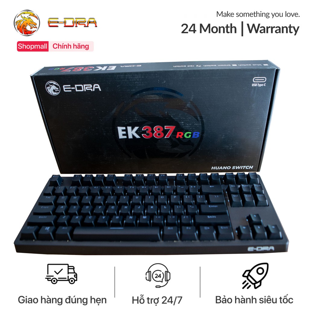 Bàn phím cơ e-dra ek387 rgb - huano switch - led rgb - kết nối type c- hàng chính hãng
