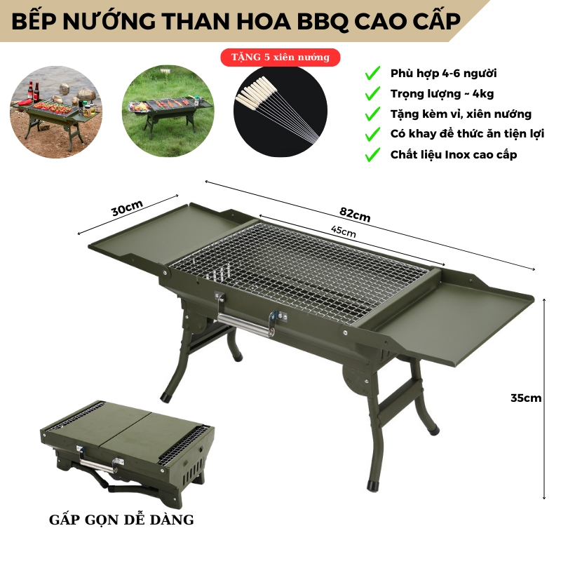 Bếp nướng than hoa ngoài trời, Bếp nướng than không khói BBQ gấp gọn có quai xách tiện lợi, mang du lịch dã ngoại - BTH3