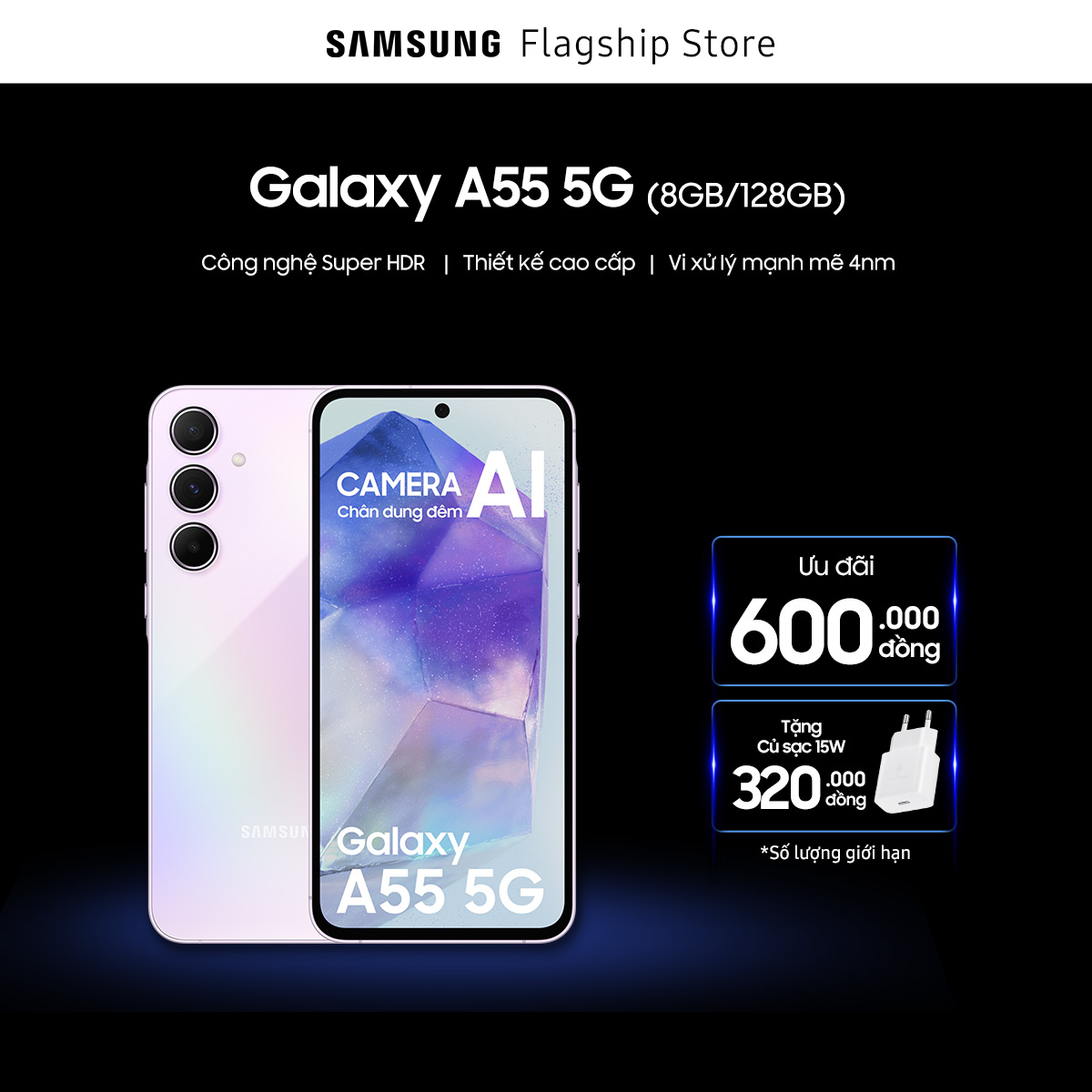 [SIÊU SALE TỪ 20H 1.2][TẶNG CỦ SẠC 15W- QUẤN KÈM HÀNG] Điện thoại Samsung Galaxy A55 5G, Màn hình Super AMOLED 6,6", Camera AI, Vi xử lý mạnh mẽ 4nm