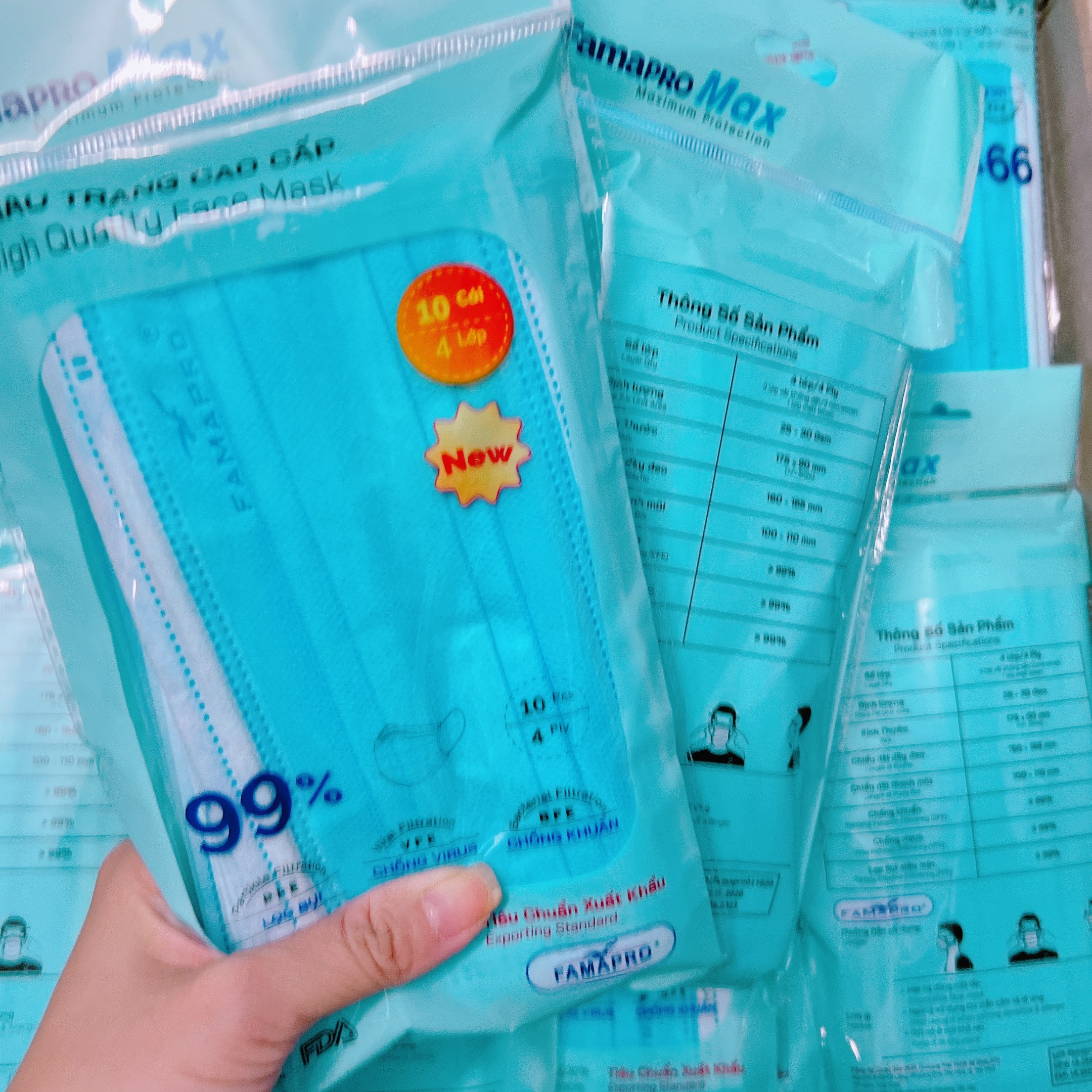 Combo 5 túi khẩu trang y tế 4 lớp kháng khuẩn cao cấp Famapro max, khẩu trang y tế xanh