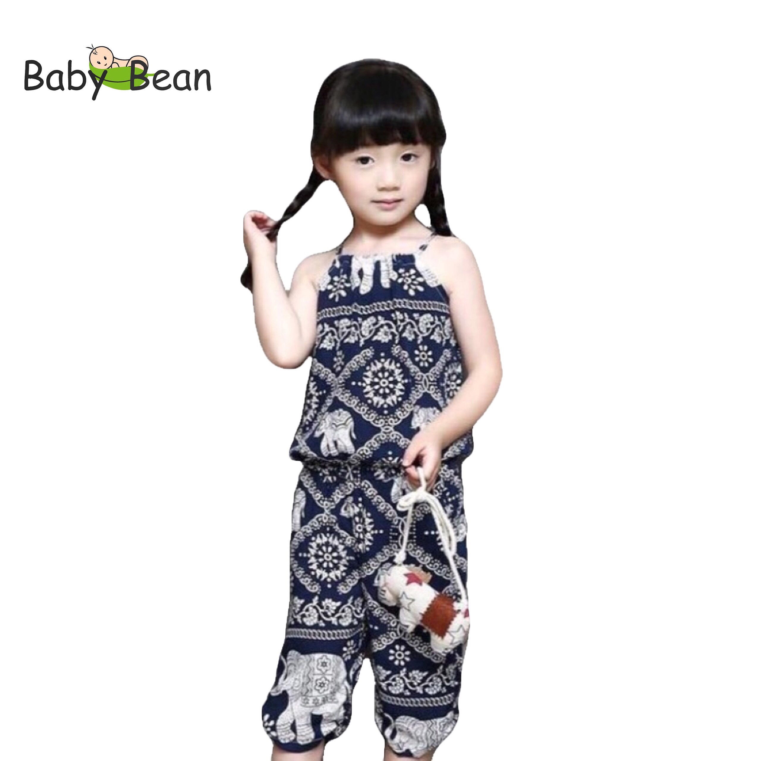 Đồ Bộ Tol Lanh Cổ Yếm Quần Lửng In Hoa Văn Bé Gái BabyBean
