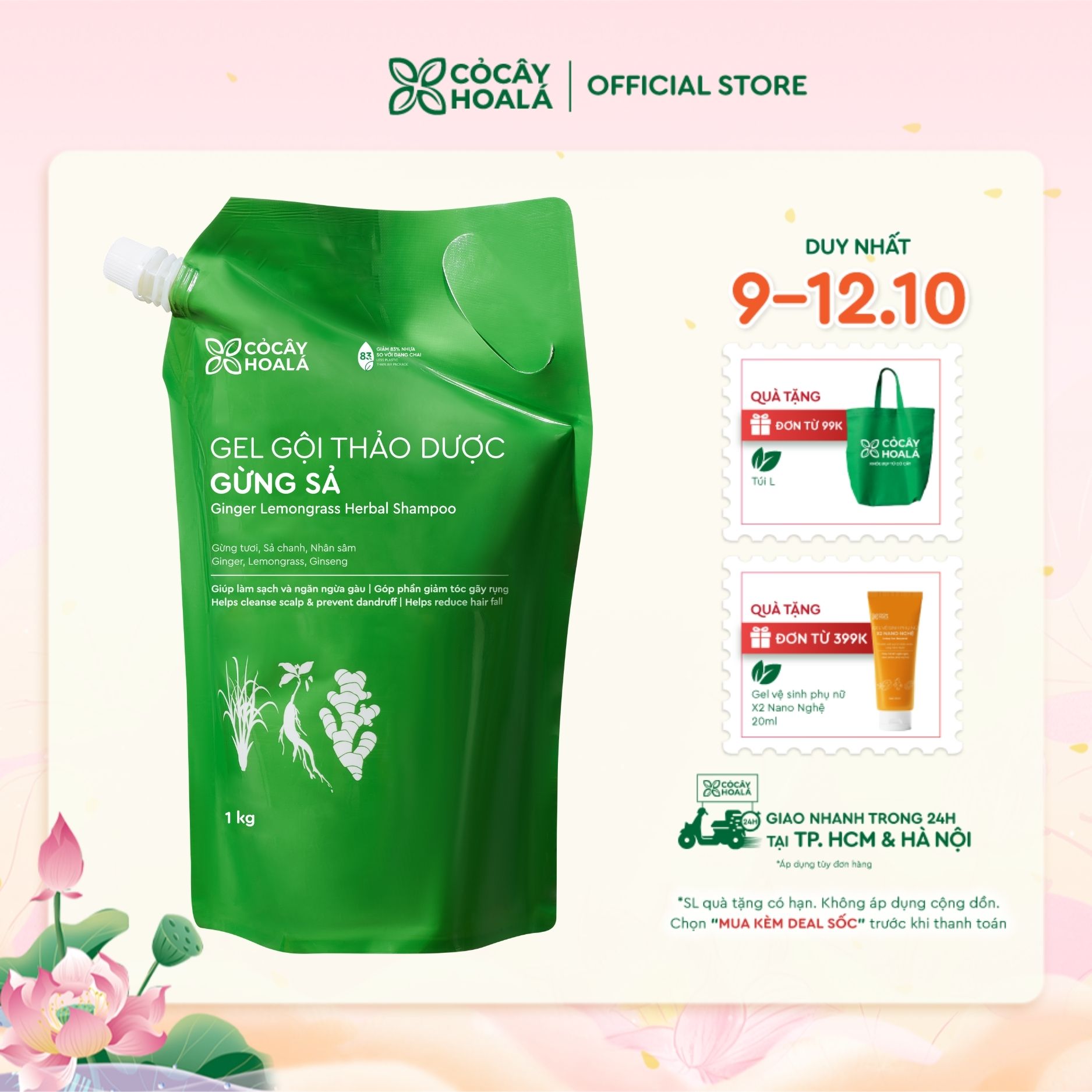 COMBO Túi Refill Dầu Gội Thảo Dược Gừng Sả Cỏ Cây Hoa Lá Ngăn Tóc Bết Dầu 1000g Kèm 15 Túi Dầu Xả Gừng Sả Mini