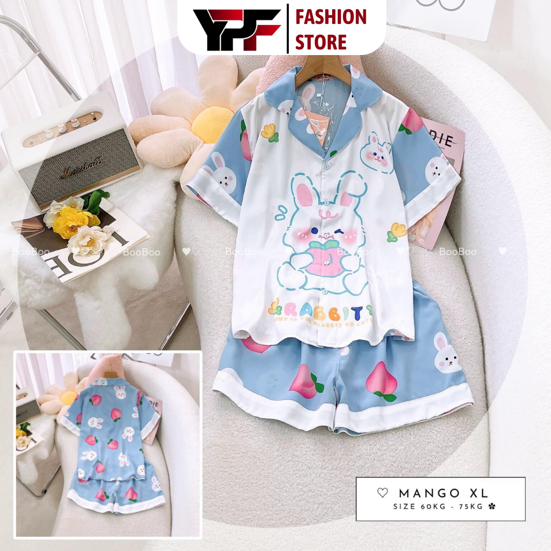 Đồ bộ pijama lụa mango thỏ rabbit nhãn boo boo đùi cổ vest mềm mịn mát big size 60-75kg