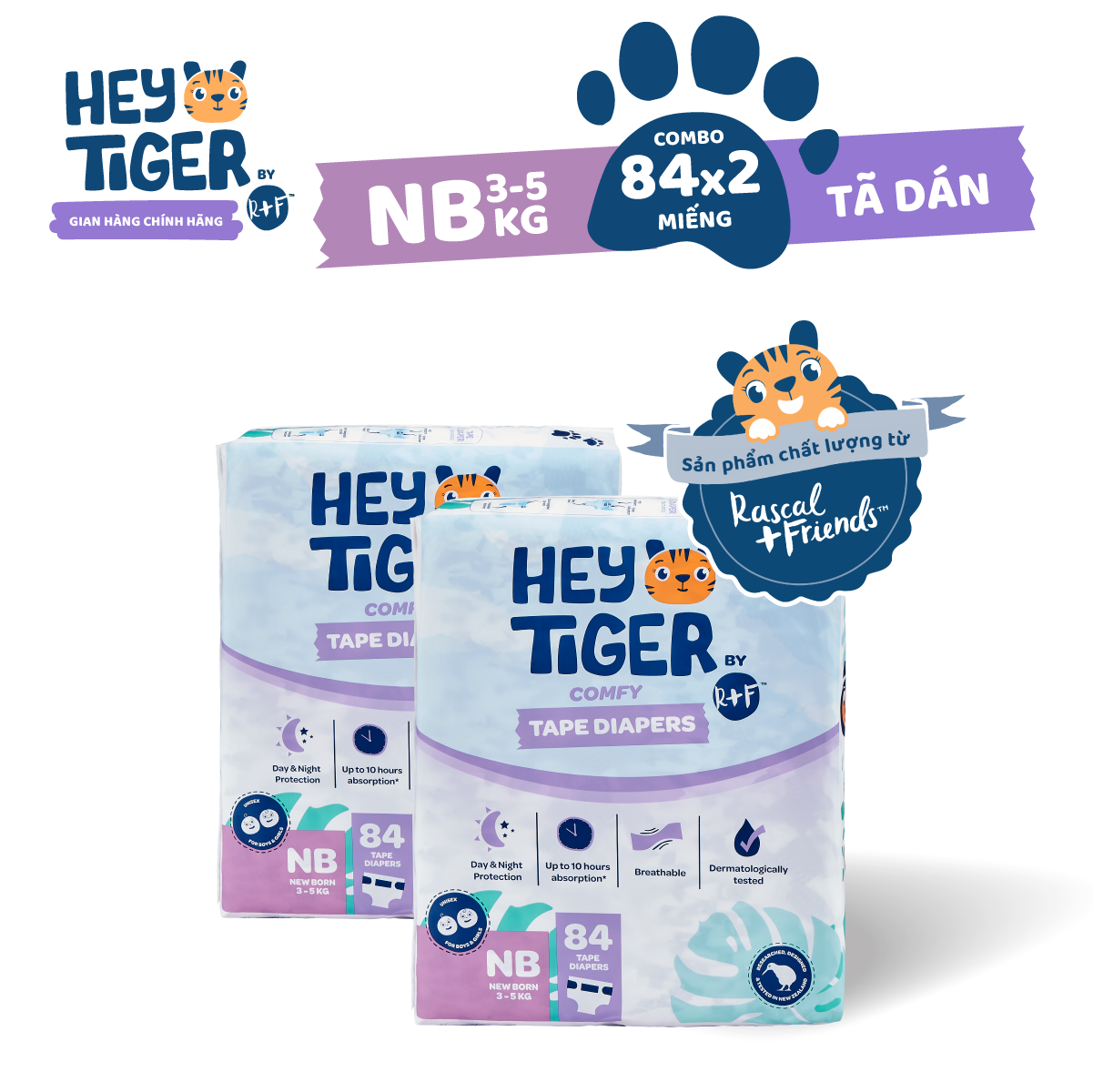 Combo 2 tã/bỉm dán hey tiger jumbo size nb 3-5kg 84 miếng x2 bịch
