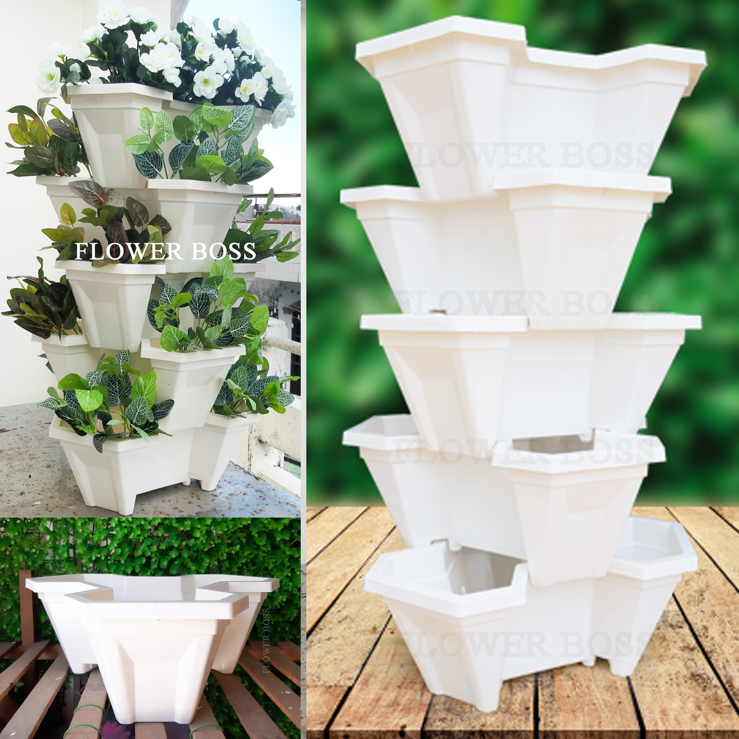 Combo 5 tầng màu trắng chậu nhựa xếp tầng tháp chậu trồng rau, trồng cây cảnh, hoa quả các loại