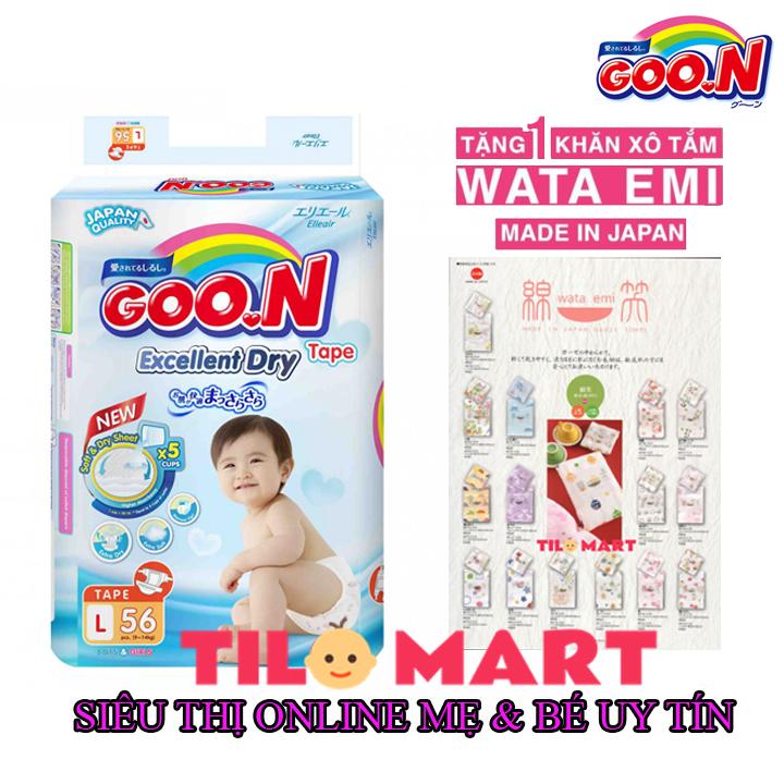 Bỉm Goo.n Slim dán L56 tặng 1 khăn tắm xô nhật Wata emi màu ngẫu nhiên