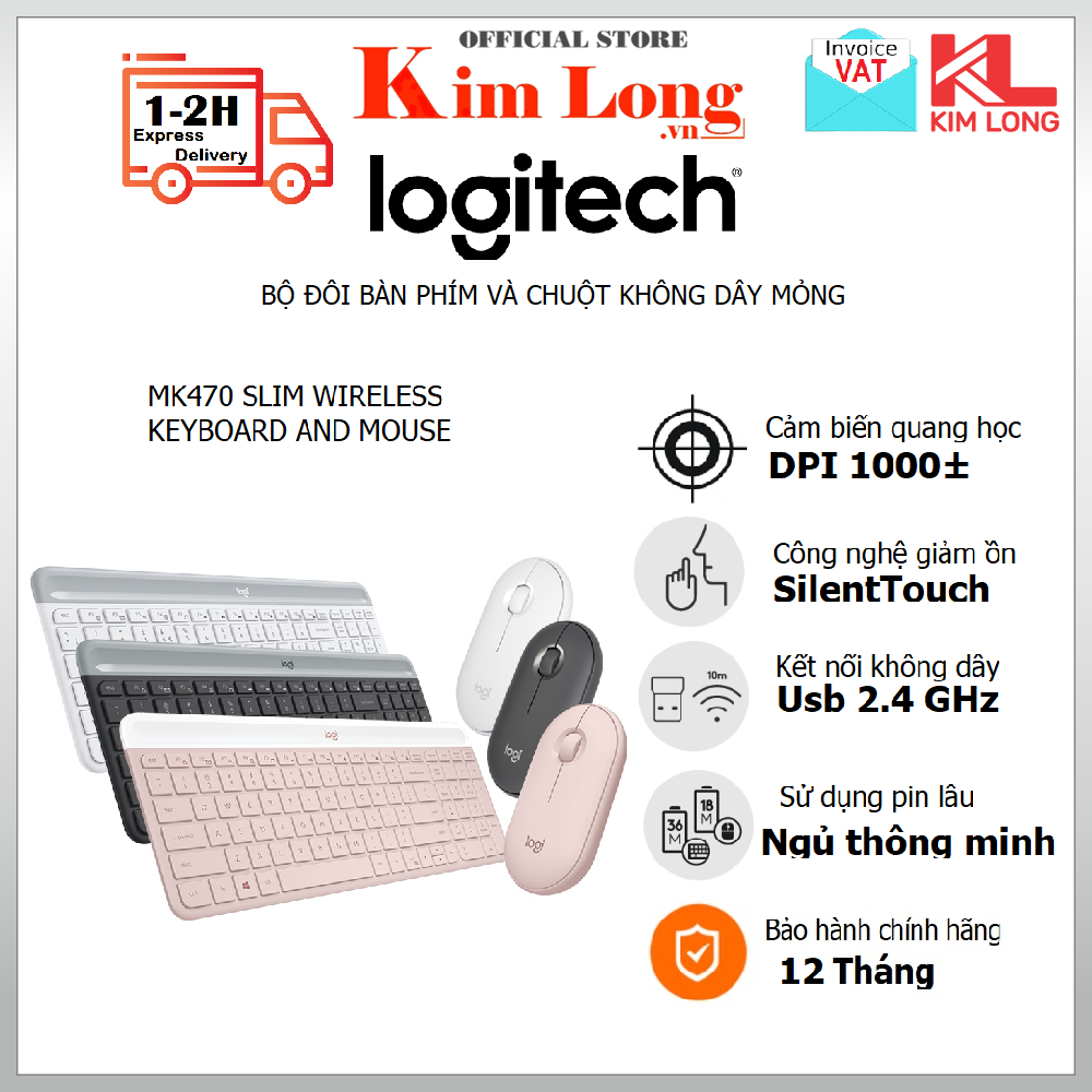 Bàn phím chuột Logitech MK470 Kết nối Usb không dây, Giảm ồn, Thiết kế mỏng nhẹ tối giản - Bảo hành chính hãng 12 Tháng