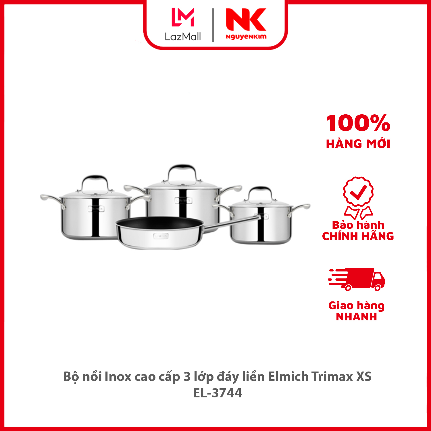 Bộ nồi inox cao cấp 3 lớp đáy liền elmich trimax xs el-3744