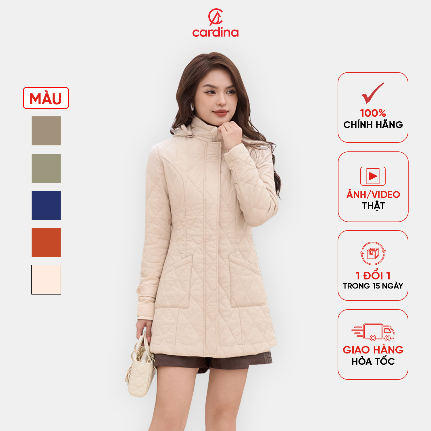  Áo phao nữ CARDINA chất liệu chần bông siêu nhẹ giữ ấm tốt chống xô bông tuyệt đối dáng lửng trẻ trung 4PLF02 