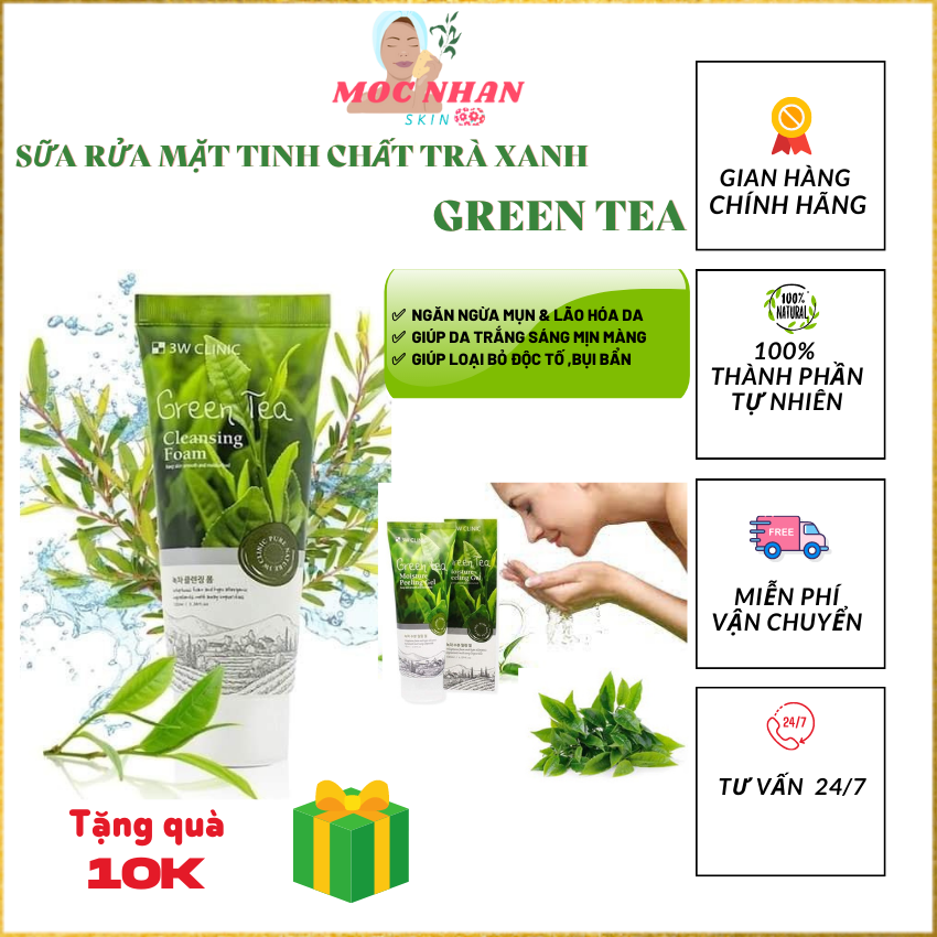 Sữa rửa mặt trà xanh 3w clinic green tea 100ml,sữa rửa mặt 3w clinic trà xanh dưỡng ẩm da hàn quốc, ngăn ngừa lão hóa da, trắng mịn,ngăn ngừa mụn, tặng quà thun cột tóc hq 10k,moc nhan skin