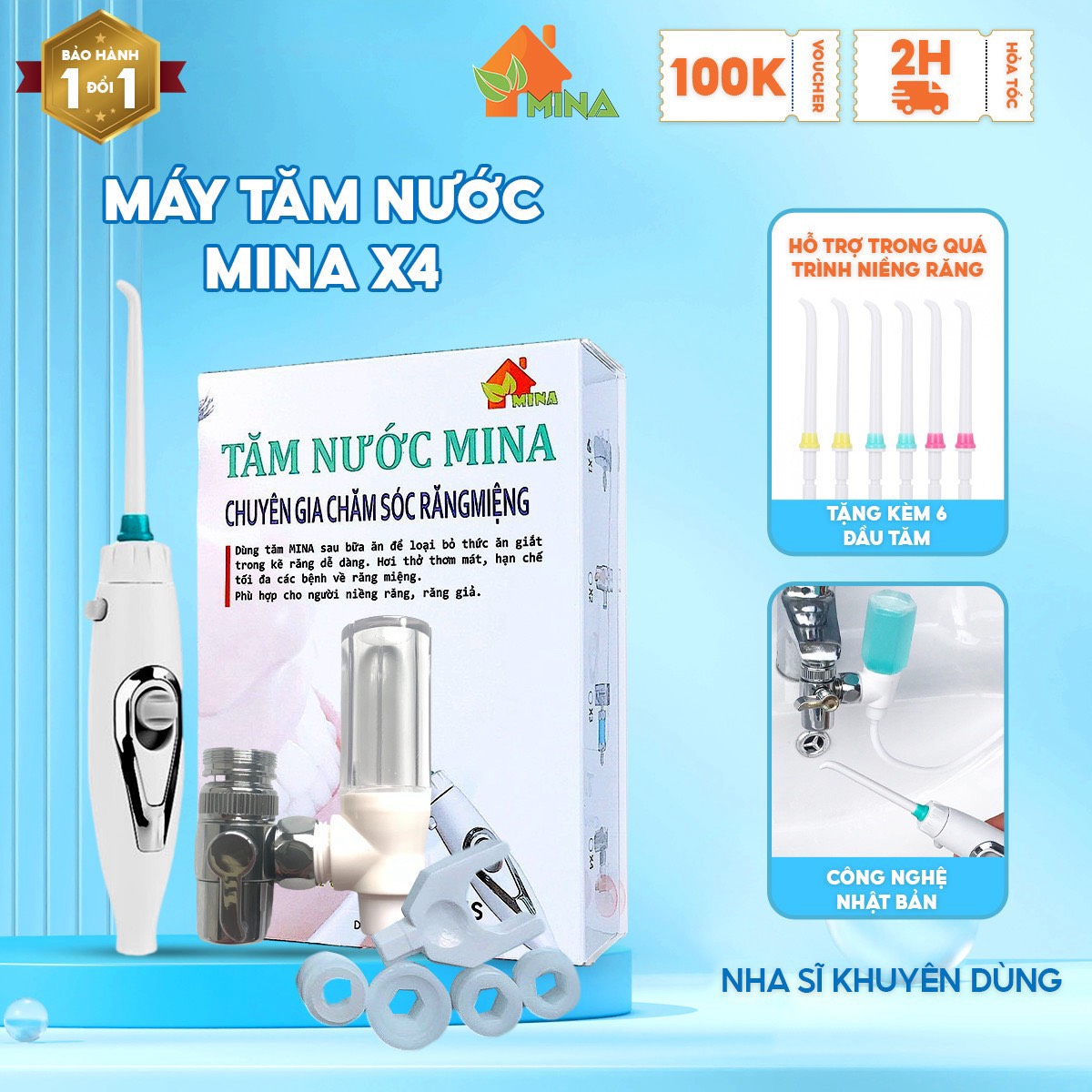 Máy Tăm Nước Mina. Công Nghệ Nhật Bản. Bảo hành đổi mới 24 tháng. Hỗ trợ bảo hành trọn đời. Không Dùng Điện. Không Đổ Nước. Tặng 1 Bình Trộn Nước Muối 99K. Tặng 6 Đầu Tăm 99K. Tam Nuoc. May Tam Nuoc.