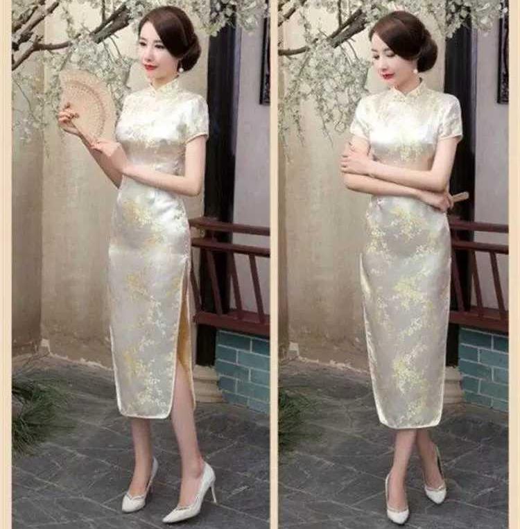 Sườn xám Dài Gấm Vàng nhạt Có HÌNH THẬT