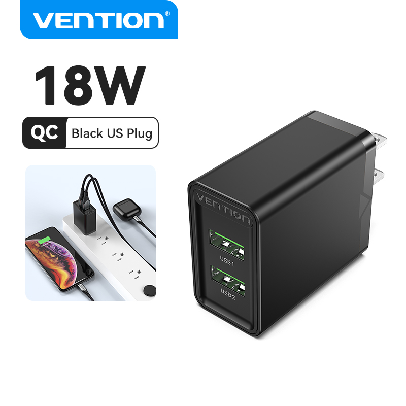 Vention Bộ Chuyển Đổi Sạc Nhanh 18W Phích Cắm Hoa Kỳ Dòng Điện Cao 3A Tường Kép QC 3.0 USB 36W Cho O