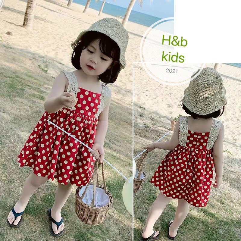 Váy lụa chấm bi đỏ hai dây cho bé gái từ 8-20kg