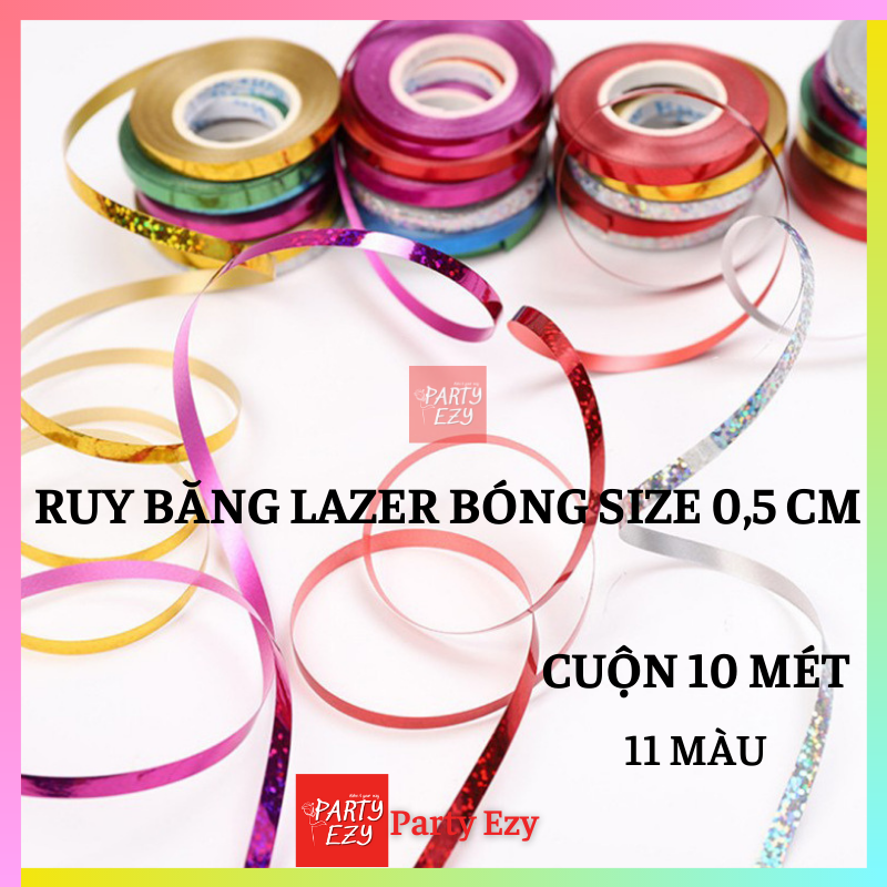 Ruy băng lazer bóng cuộn 10m size 0.5cm, nhiều màu sắc