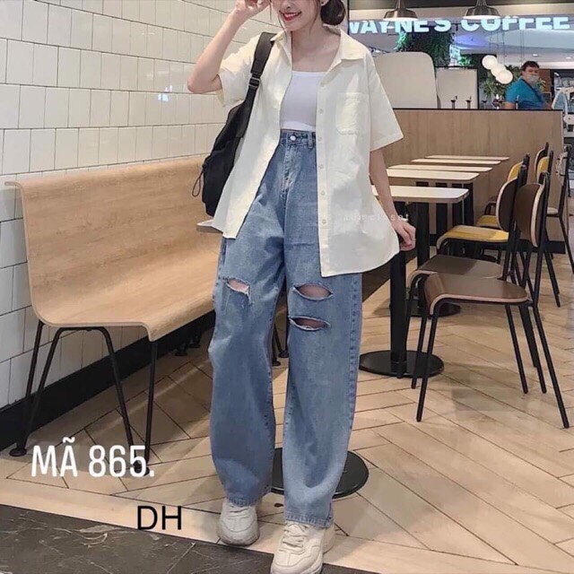 Quần bò ống rộng nữ rách gối 3 vạch thời trang cá tính, quần bò ống rộng nữ dài