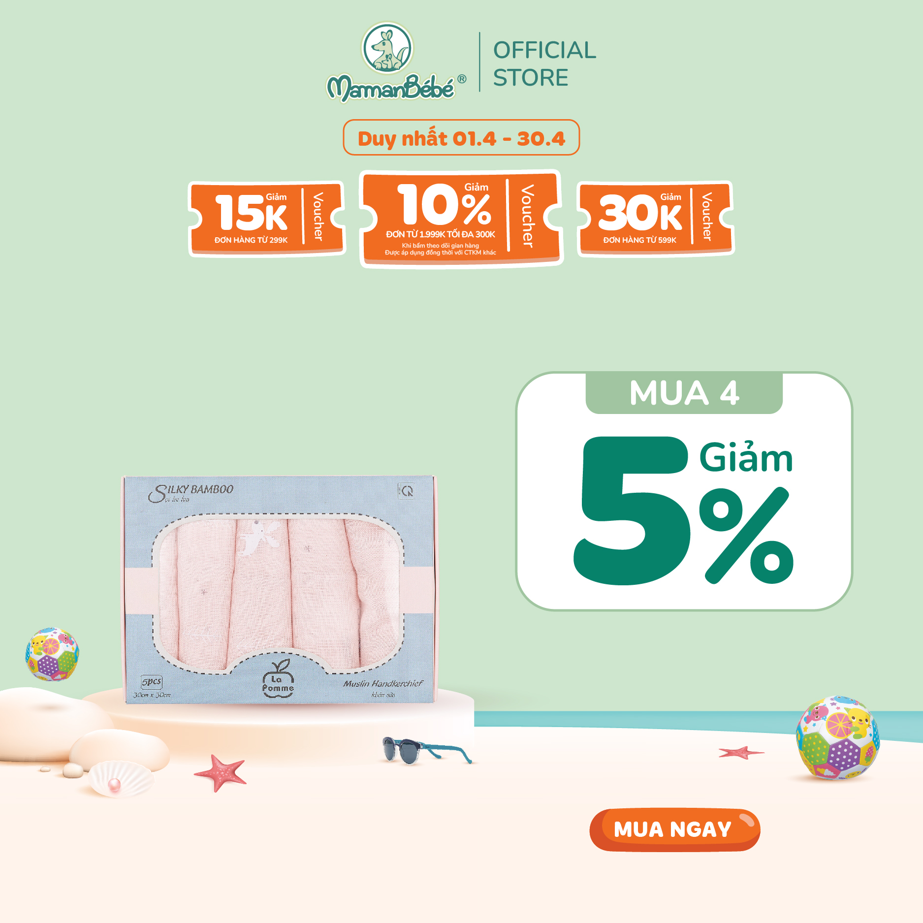 K001 Set 5 khăn sữa sợi tre lụa La Pomme - 30x30cm Hươu
