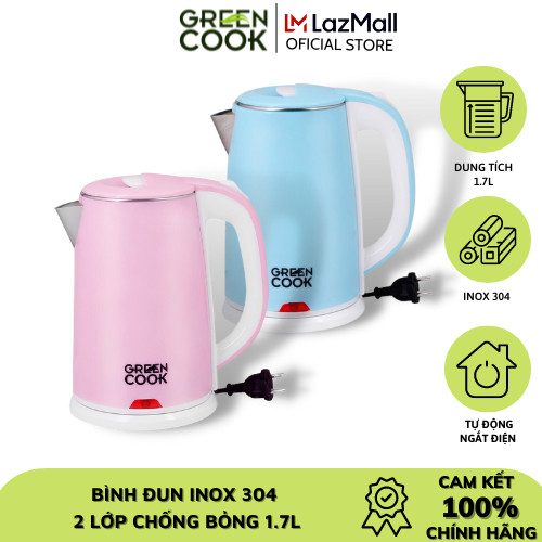 Bình đun inox 304 cao cấp 2 lớp chống bỏng 1,7l green cook gcek-17s15d - hàng chính hãng greencook