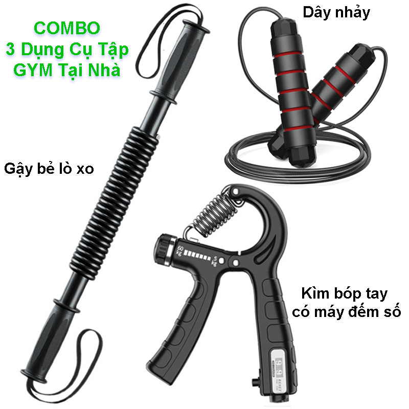 COMBO 3 Dụng Cụ Tập GYM tại nhà - 1 gậy bẻ lò xo 20kg,30kg,40kg - 1 kìm bóp tay có máy đếm số - 1 dây nhảy lõi thép siêu bền