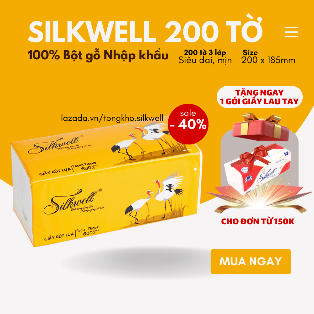 Giấy ăn Silkwell Sếu 200 tờ 3 lớp chính hãng