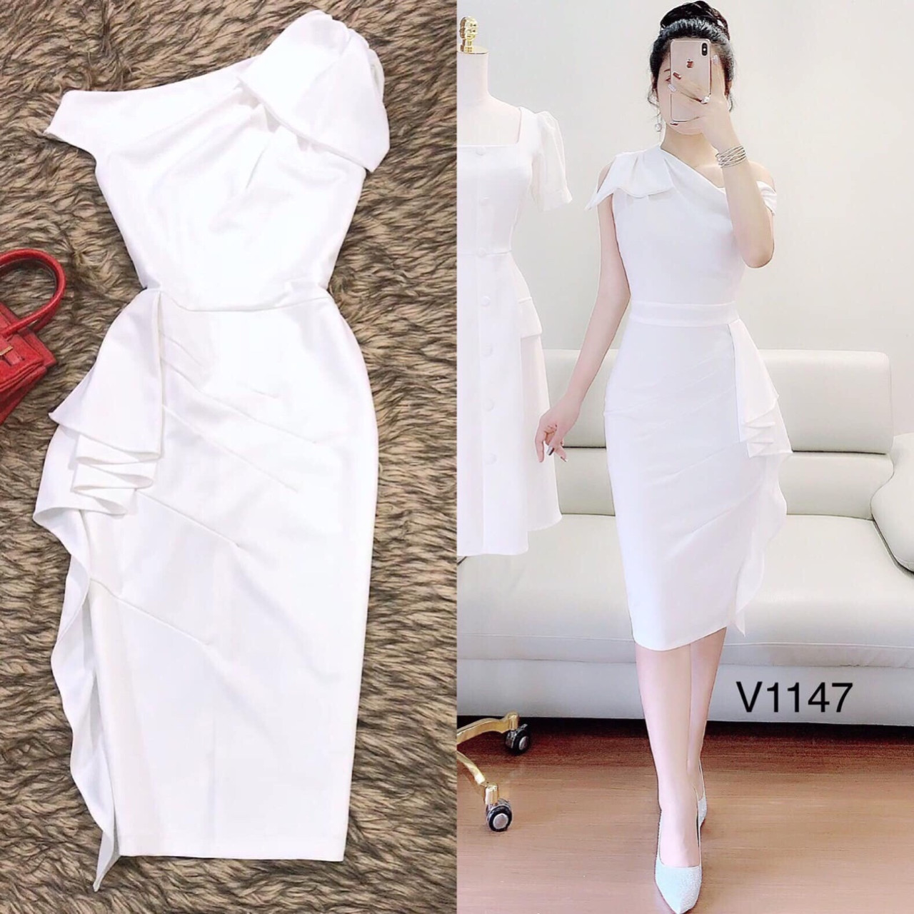 Đầm body lệch vai phối nơ chất umi freesize 2 màu trắng đỏ kimhoa77