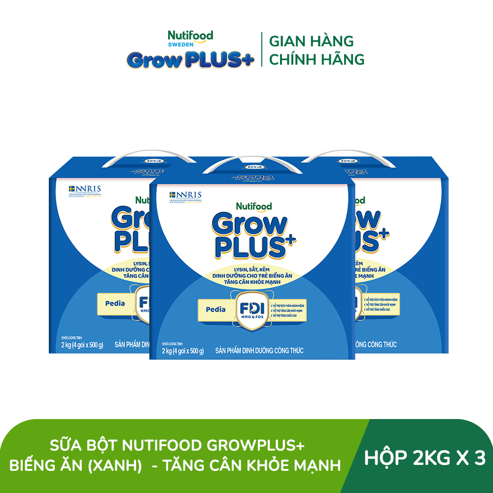 Combo 3 Sữa Bột Nutifood GrowPLUS+ Biếng Ăn (Xanh) - Hỗ Trợ Kích Thích Ngon Miệng, Tăng Cân Khỏe Mạnh (3 Hộp 2 Kg)